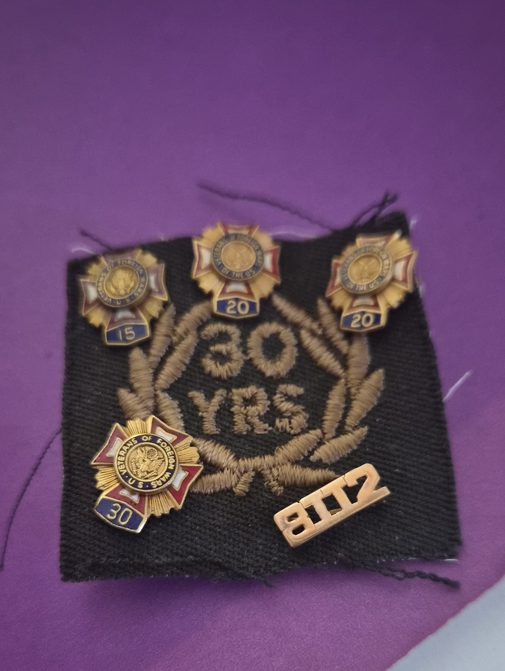 Veterans of Foreign Wars 30 Yrs Embroidered Patch with Service Pins